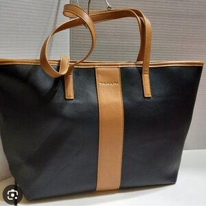 Tahari Black and Tan Tote Bag with Leather Accents